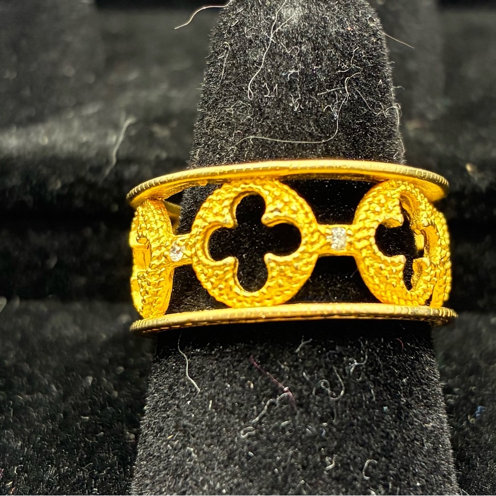 Freida Rothman Clover 14kt Gold over 925 SS Designer Ring with CZ Accents